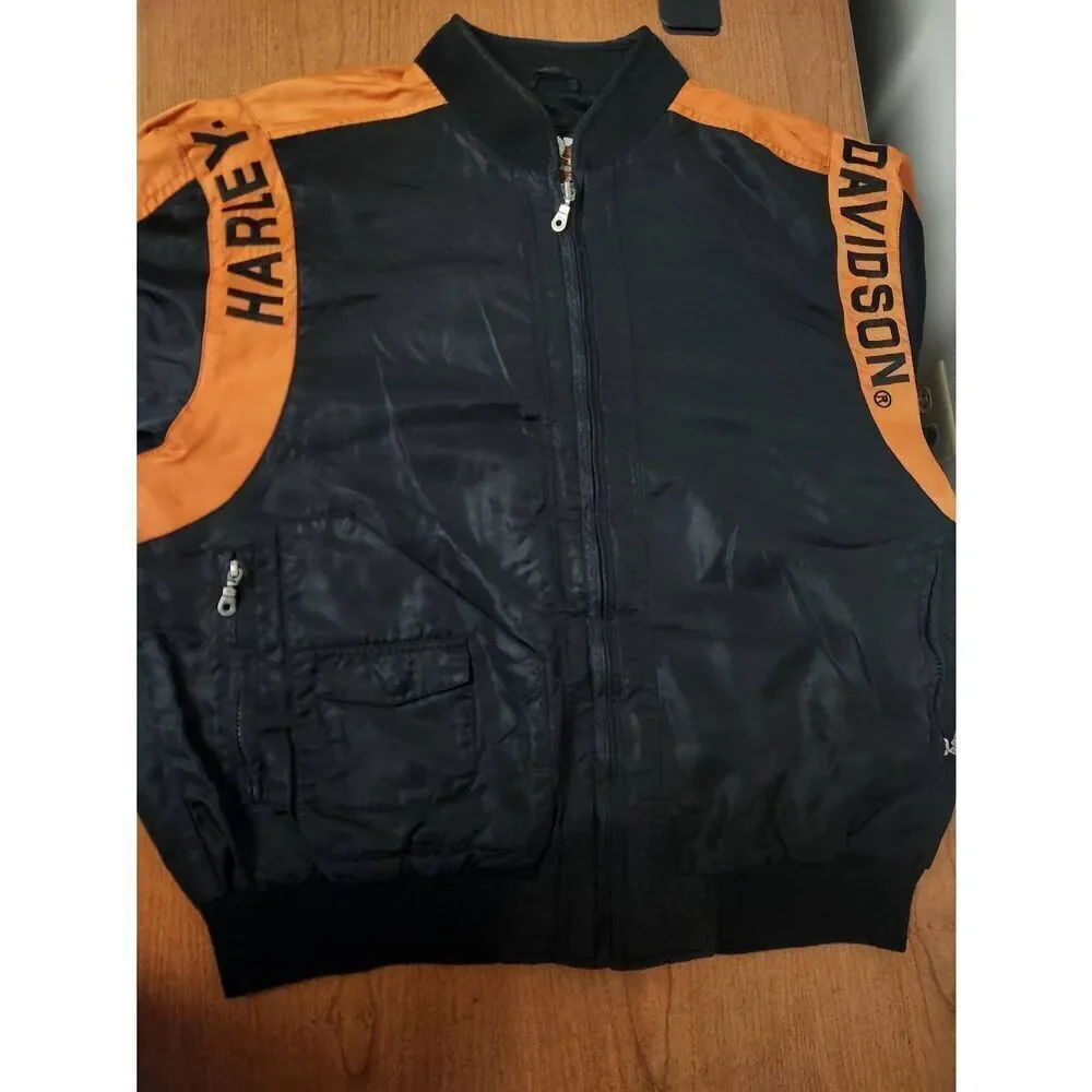 Harley-Davidson Vintage Black Orange Riding Jacket Bar Shield Logo Aviator Large